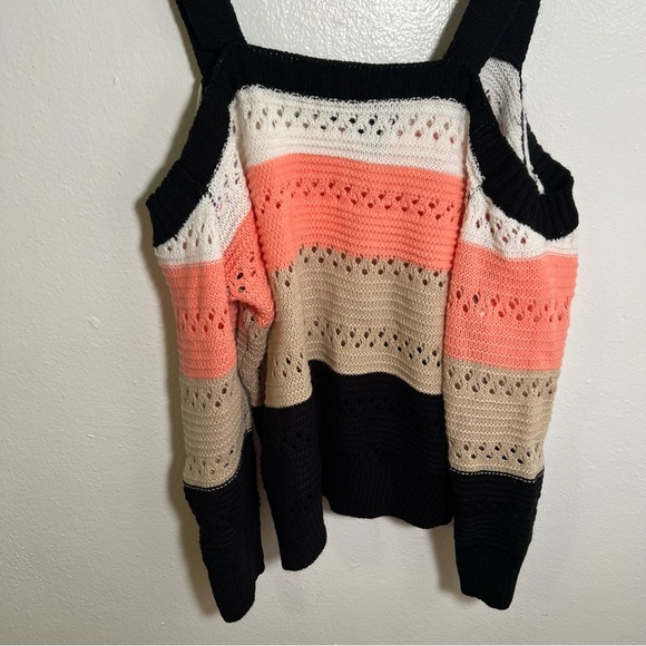 Striped Cold Shoulder Sweater Loose Knit Beige Black Peach S - Picture 9 of 10